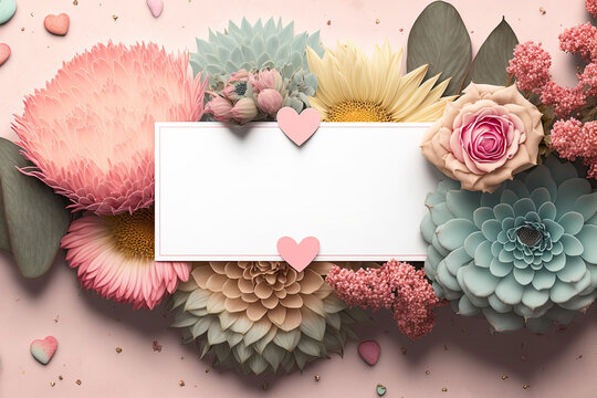 Blank greeting card template with beautiful flowers around. White sheet of paper for text. Valentines day. Generative AI