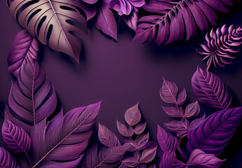 Collection of tropical leaves,foliage plant in violet purple color with empty space background. Abstract leaf decoration design. Cover template. Exotic Nature. Generating Ai.