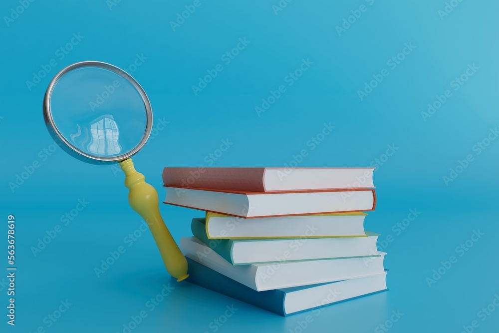 Poster a stack of books and a magnifying glass in which the window is reflected on a blue background. 3d re