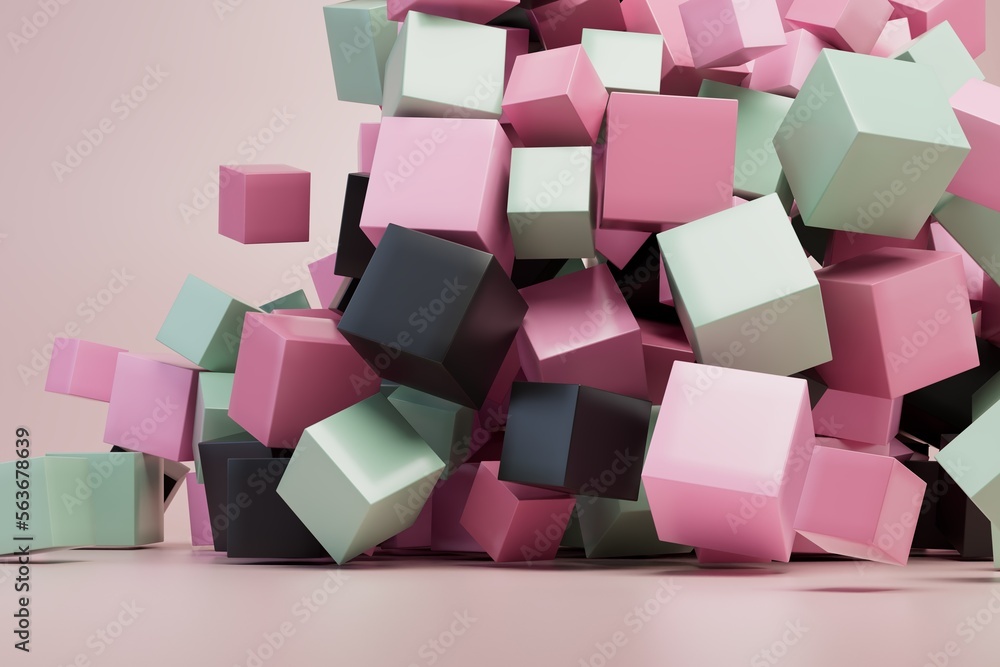 Poster abstract background consisting of multi-colored cubes lying on top of each other on a pastel backgro