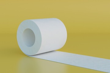 the concept of daily hygiene. an unwinding roll of white toilet paper on a yellow background. 3D render