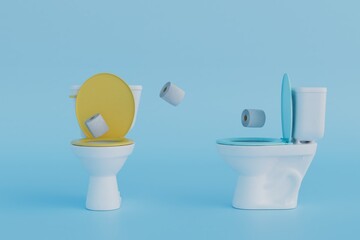 public toilet room. toilet bowls with open lids between which rolls of toilet paper fly. 3D render