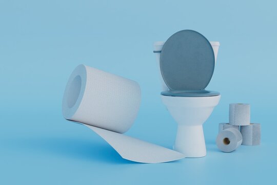 the furnishings of the toilet room. a toilet bowl with an open lid next to which are rolls of toilet paper. 3D render