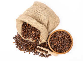 Coffee beans in bowl and burlap isolated on white background.