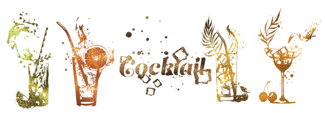 Set of cocktail glasses - Cocktail bar menu. Vector elements for restaurant and cafe. Design template with different colorful cocktails.