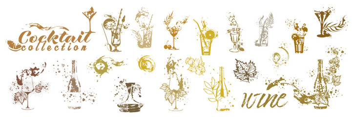 Vector hand drawn template illustration of wine, bottle, glass and cocktail. Art for menu, shop, market or sale. With wine splashes - colorful. Sketchy collection of grape leaves and bottles.