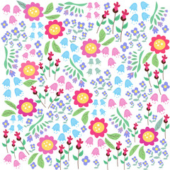 Fondo floral en tonos rosados, azules y lilas.