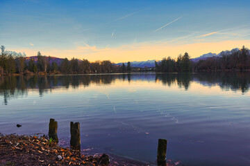 Sunset silhouette over the lake