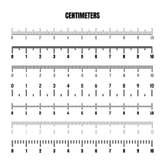 Realistic black centimeter scale for measuring length or height. Various measurement scales with divisions. Ruler, tape measure marks, size indicators. Vector illustration