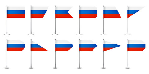 Realistic various Russian table flags on a chrome steel pole. Souvenir from Russia. Desk flag made of paper or fabric, shiny metal stand. Mockup for promotion and advertising. Vector illustration