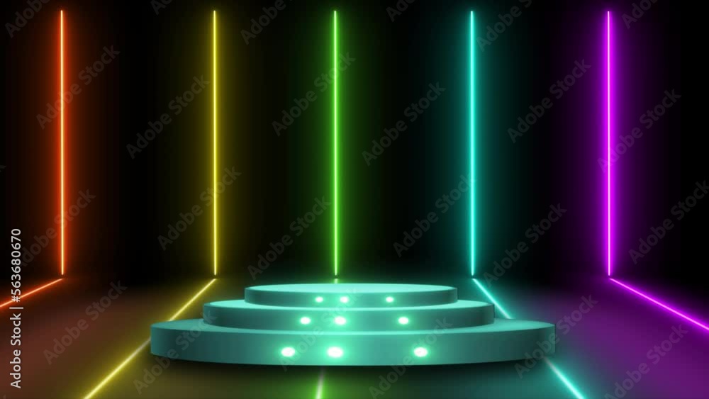 Poster multicolor neon stick passing with reflection floor and stage animation background. neon light and s