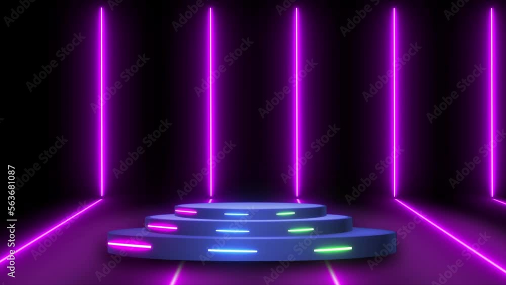 Poster neon line passing through realistic 3d stage on background. neon light and stage with spotlight effe