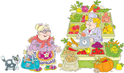 Funny chubby housewife and a her merry cat shopping at a market and buying fresh fruits and vegetables from a cheerful saleswoman, vector cartoon illustration isolated on a white background