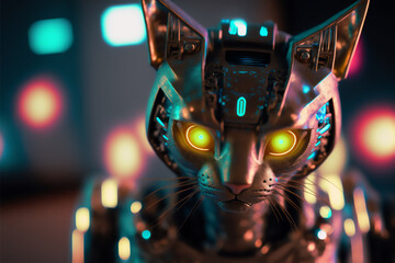 Fototapeta na wymiar Cybernetic cat pet with biomechanical technology with yellow glowing eyes. Generative AI technology.