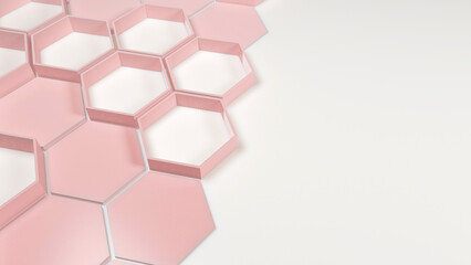 Red hexagons on white background wallpaper with copy space. 3d render illustration.
