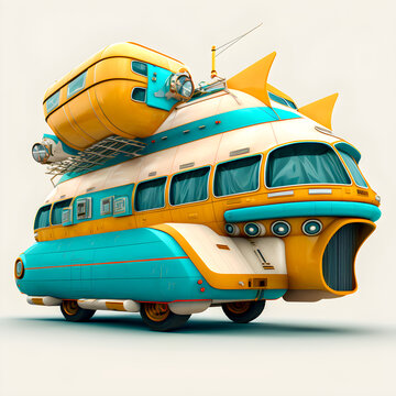 Retro Futurism Hover Bus illustration Generative AI