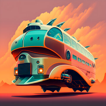 Retro Futurism Hover Bus illustration Generative AI