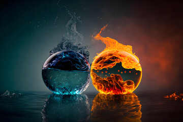 Balls of fire and water. Water vs fire. The battle of the elements. Generative AI