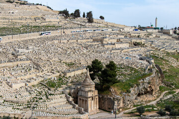 Kidron Valley and jewish cemetery in Mount of Olives. Tomb of Absalom