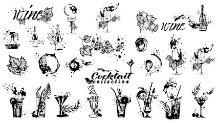 Vector hand drawn template illustration of wine, bottle, glass and cocktail. Art for menu, shop, market or sale. With wine splashes - colorful. Sketchy collection of grape leaves and bottles.