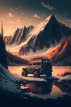Winter travel offroad with 4x4 vehicle, marvelous snowy mountain landscape, generative ai.