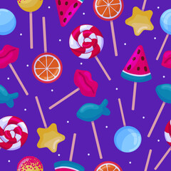 Lollipops seamless pattern, sweet lollipop candies on stick. Dessert food background, christmas, birthday children texture, neoteric vector fabric print