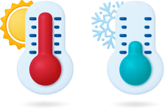 Meteorology 3d Thermometer, Control Weather Degree. Heat And Cold Day, High Low Temperature Signs With Sun And Snowflake, Pithy Vector Elements