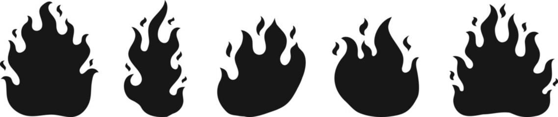Fire flames black silhouettes. Gas flame, isolated fires icons. Fire burns hard. Burning lights, warm or hot symbols vector set