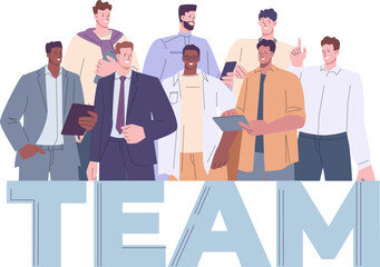 International male business team. Young entrepreneurs group, businessmen and managers. Flat cartoon positive office workers vector characters
