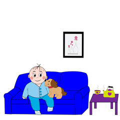 Niño feliz con su perro sentado en el sofá.