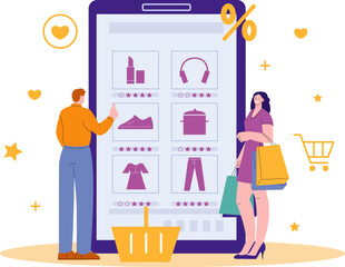 Shopping on smartphone app. Digital online store, supermarket or shop. Customer send feedback for item, happy woman with bags, vector concept
