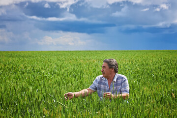 Portrait of farmer standing in green wheat field