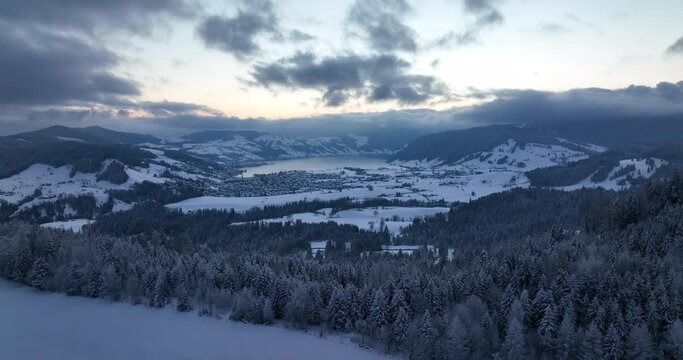 Aerial tracking shot of a snowy winter forest towards a  Swiss lakeside town
