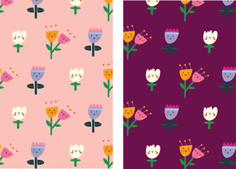 Set of vector patterns with colorful cartoon flowers on a different color background.  Summer illustration