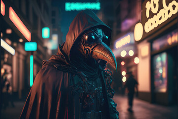 Fototapeta na wymiar Plague doctor wandering the cyberpunk city at night, High Quality illustration. Generative AI