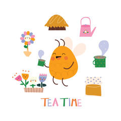 Isolated illustration of a bee, colorful flowers, honey and mugs of tea. Vector cute characters