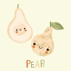 Cute pear illustration and hand drawn font. Vector pear in watercolor imitation. Children's alphabet, fruits.