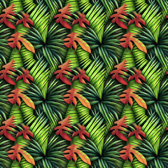 Obraz premium Abstract Green Tropical Leaves Seamless Patter for Fabric or Textile Texture Print. Trendy Watercolor Style Background with Jungle Palm Leaves, Fern and Ornamental Wild Plants, Generative AI art.