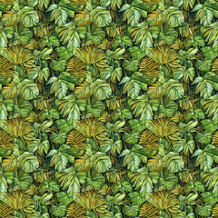 Obraz premium Abstract Green Tropical Leaves Seamless Patter for Fabric or Textile Texture Print. Trendy Watercolor Style Background with Jungle Palm Leaves, Fern and Ornamental Wild Plants, Generative AI art.