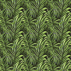 Abstract Green Tropical Leaves Seamless Patter for Fabric or Textile Texture Print. Trendy Watercolor Style Background with Jungle Palm Leaves, Fern and Ornamental Wild Plants, Generative AI art.