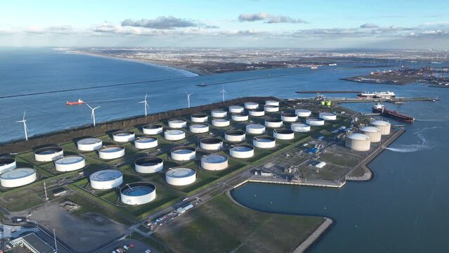 Aerial drone footage of LNG Facility on the Maasvlakte 2 in Rotterdam showcases the vast infrastructure, modern technology and the scale of operations at the facility.