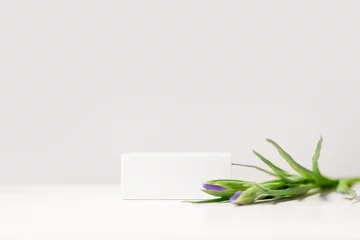 Poster Minimal scene for beauty cosmetic product presentation made with white cubes and iris flowers on white background. © Dmytro