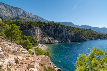 Fototapeta na wymiar Beautiful panorama of the Adriatic, a secluded beach with tourists, located among mountains and forests. High cliffs. Summer, sunny day. Wild Nugal Beach near Makarska, Croatia