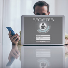 Man sign up and login. Registration, enter, sign in, membership concept. Personal data acquisition.