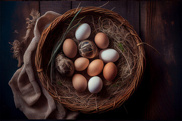 Close-up, chicken eggs lie in a wicker basket, old wooden board background. flat lay. Illustration AI Generative