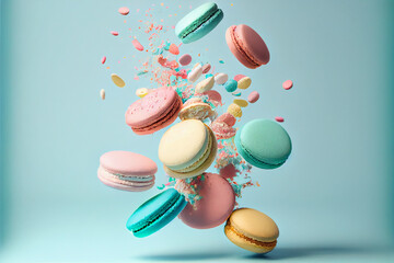 Pastel colored macarons in motion falling on light pink. Illustration AI Generative