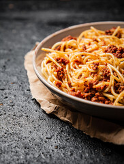 Ready made spaghetti bolognese on the table. 