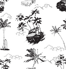 palm tree pattern in vector, Tropical pattern with sketchy vintage palm trees. Hand drawn vector illustration.