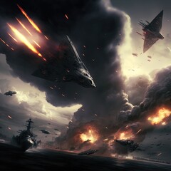 Fototapeta na wymiar Massive aerial and naval battle. Action scene. Made with Generative AI. 