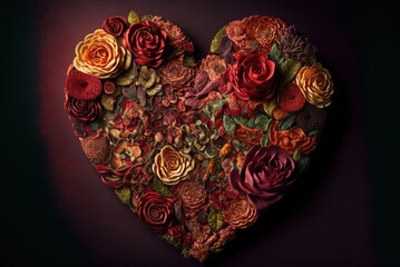 Valentines day heart made of roses on a dark black  background created with Generative AI technology